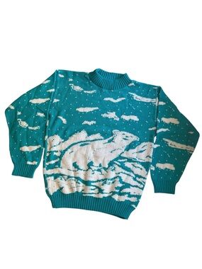 Vintage La Venture Polar Bear Turquoise Knit Sweater Women's Small